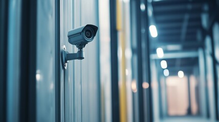 A CCTV camera mounted on a warehouse wall, with the camera pointing towards the entrance and a focus on its robust, industrial design.