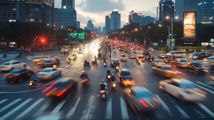 A busy city intersection with cars, motorcycles, and pedestrians moving in different directions, captured during rush hour with the city skyline in the background.