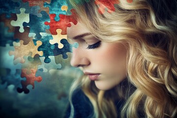Orbitofrontal cortex Brain chemistry Woman with puzzle pieces integrated into her face symbolizing the intricate process of self discovery and identity formation