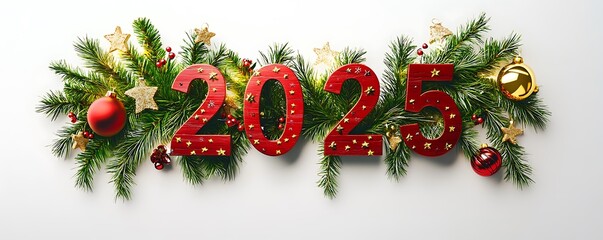 3D text "2025" with Christmas decorations, white background.