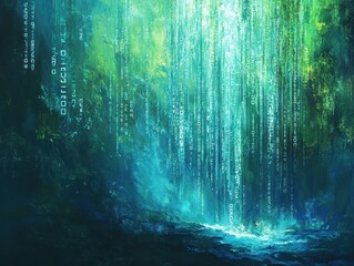Abstract Digital Waterfall with Binary Code and Green Nature Background.
