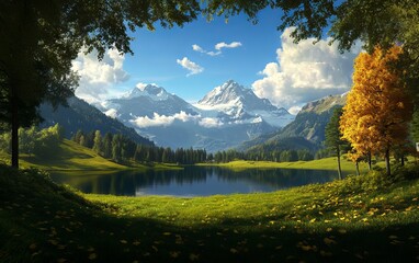 Breathtaking landscape featuring mountains, lake, and lush greenery under a clear blue sky with fluffy clouds.