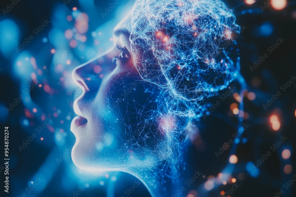 Poster hedonic adaptation brain chemistry womans profile with neural connections illuminated representing t