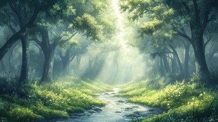 Obraz premium Sunlit Forest Path with Stream - Peaceful Nature Scene.