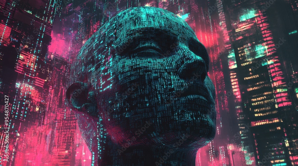 Aufkleber digital human head with binary code and neon cityscape background.