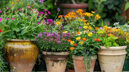 Container Gardening: Pot Plant Garden with Colorful Flowers in Pretty Background