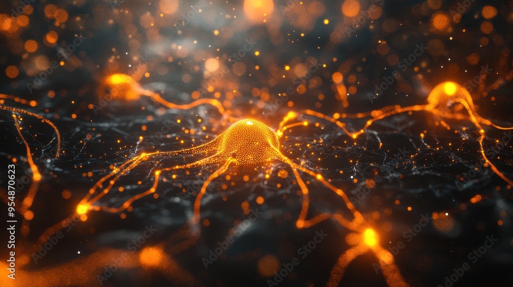 Poster abstract orange glowing sphere with lines and bokeh on dark background.