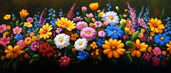 Vibrant floral landscape featuring a variety of colorful flowers blooming beautifully against a dark backdrop.