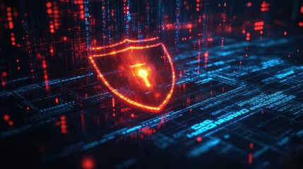 Digital Shield Cyber Security and Data Protection Concept with Glowing Shield and Binary Code Background.