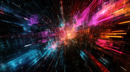 Obraz premium Abstract Digital Cityscape with Neon Lights and Data Flow.