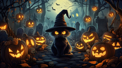 Happy Halloween background, cartoon style (party invitation cards, poster, wallpaper, banner, backdrop). A grumpy cat in a graveyard with scary pumpkin heads, bats, typical Halloween elements. 