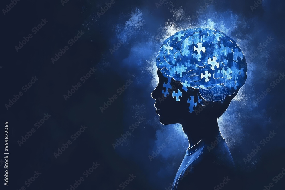 Poster mirror neurons brain chemistry silhouette of a man with a puzzle brain design symbolizing the assemb