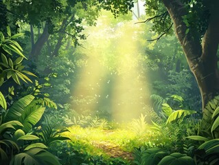 Luminous Path Through Lush Tropical Rainforest.