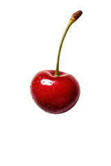 A vibrant red cherry with a green stem, showcasing its fresh and juicy appearance, perfect for culinary or health-related themes.