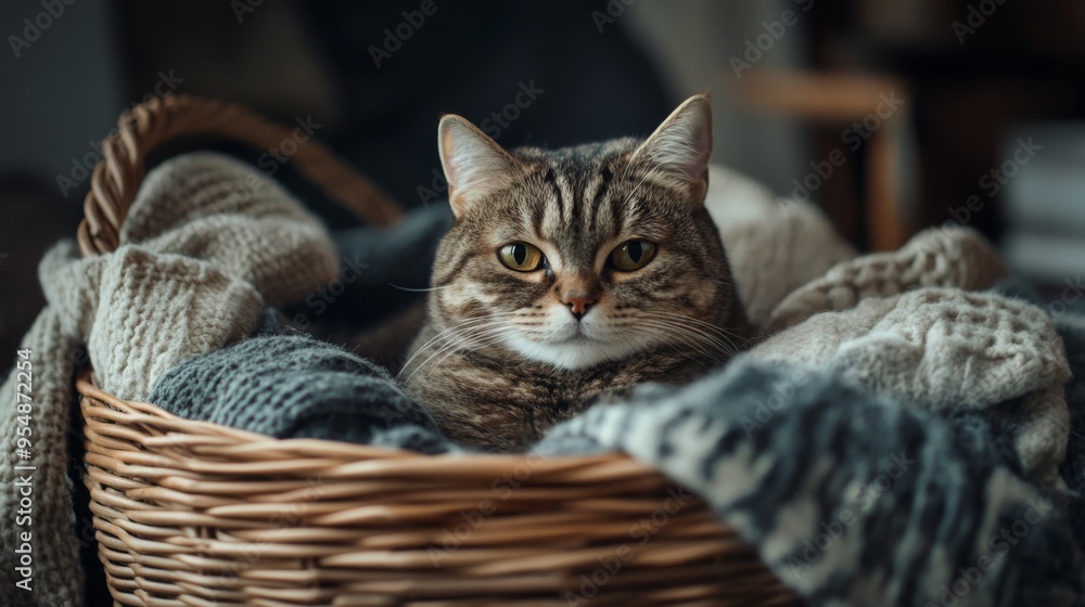 Poster A chubby cat nestled in a wicker basket, surrounded by cozy blankets, creating a charming and homey scene.