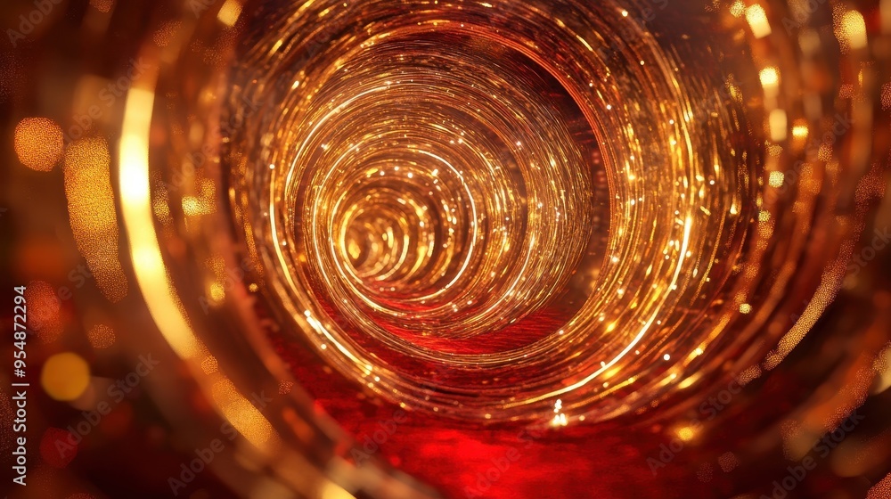 Poster abstract gold and red swirling tunnel background - glowing light and bokeh effect.