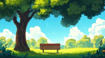 Naklejka premium Peaceful Park Bench Under a Shady Tree with a Sunny Blue Sky and Lush Green Grass.