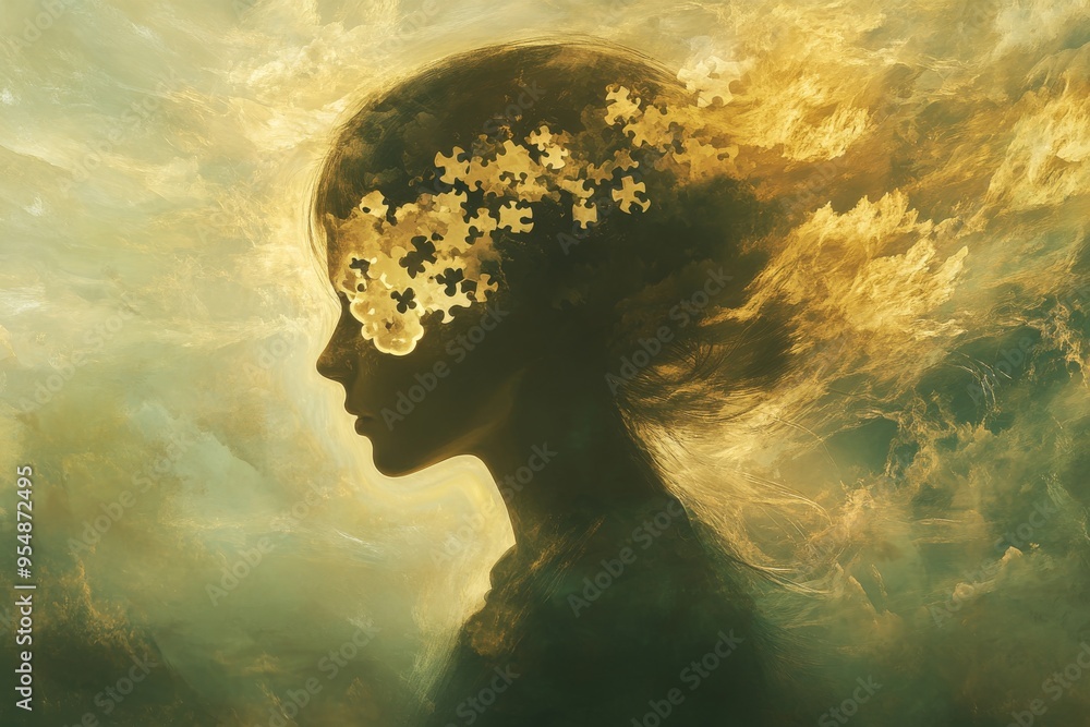 Poster neural synchrony brain chemistry womans profile with glowing puzzle pieces symbolizing the journey o