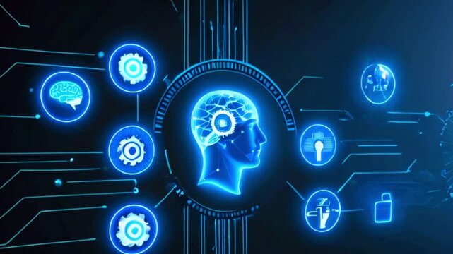A digital rendering of a human brain inside a circuit board, surrounded by glowing icons.
