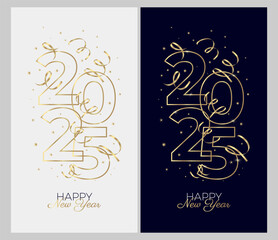 New Year banner or card design template with line drawing of number 2025 and decorative party streamers. Minimalist style with golden contour lines. Vector illustration.