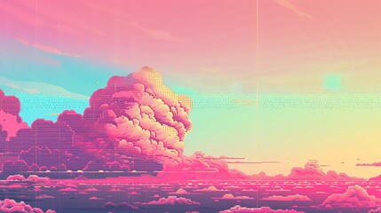 Stipple illustration of cumulus clouds background with glitch technique, blending traditional pointillism and modern digital effects to create a unique atmospheric visual in monochrome shades