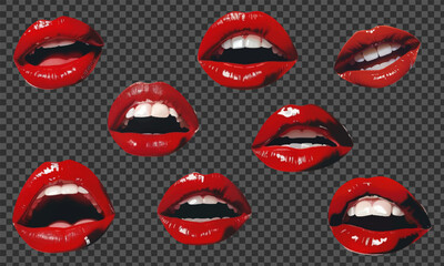 A set of elements for a collage of a woman's mouth. Retro collage templates with red lips. lips in half-tone finish. Retro magazine clippings. Modern vector illustration.