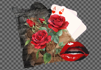 Vintage elements in a collage. Old burnt leaf, red rose bush, doodle element of playing cards on halftone female lips with red lipstick. Retro collection of various elements in a collage.