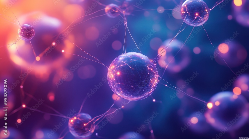 Poster abstract network of connected glowing spheres - futuristic technology and science concept.
