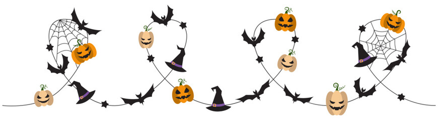 Halloween party decoration garland with bats, pumpkins, witch hat. Cute Jack O Lantern Evil Pumpkin Garland for Halloween. Simple banner hanging party classy decor vector element.