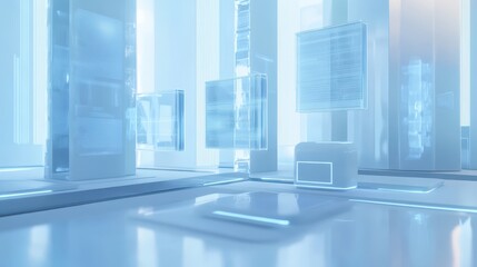 Fototapeta premium Abstract Futuristic Architecture - Blue Glass Panels and Glowing Lines.