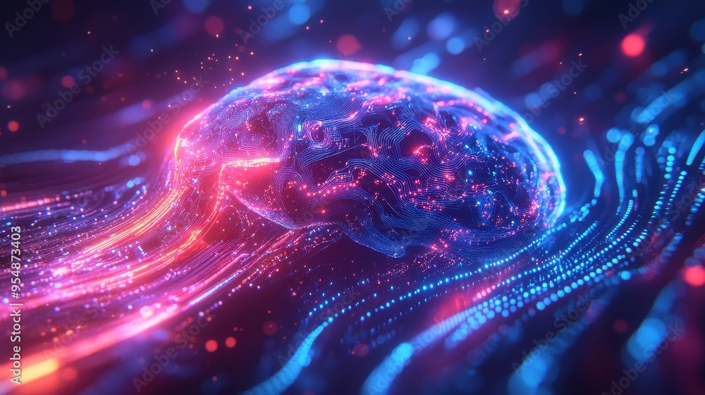Poster abstract brain with neon lights and glowing particles for ai, technology, and science concepts.