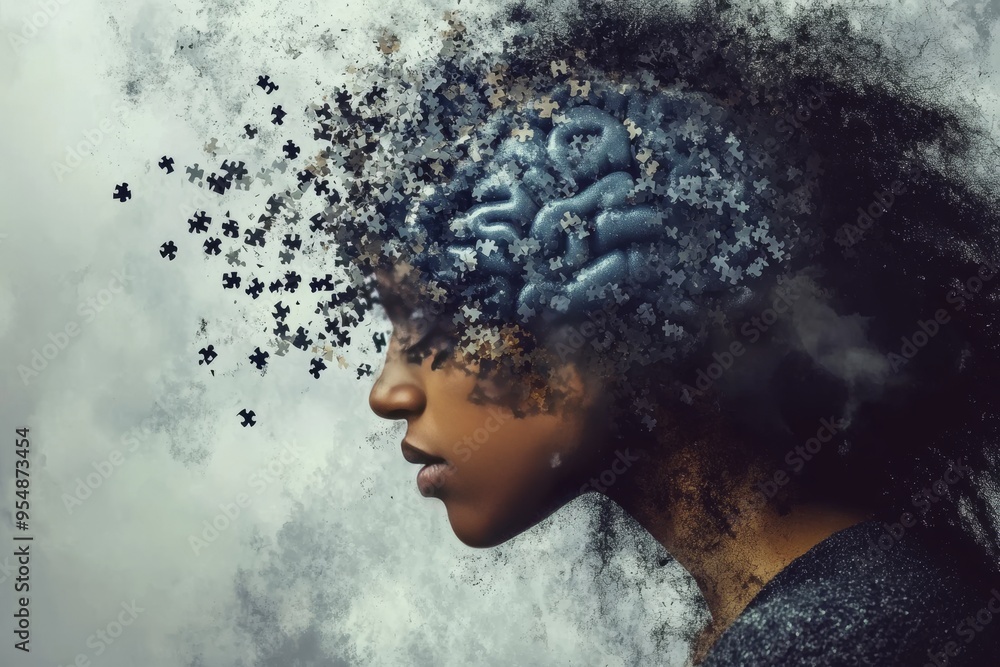 Aufkleber brain regions brain chemistry woman with a brain exploding into particles symbolizing the explosion 