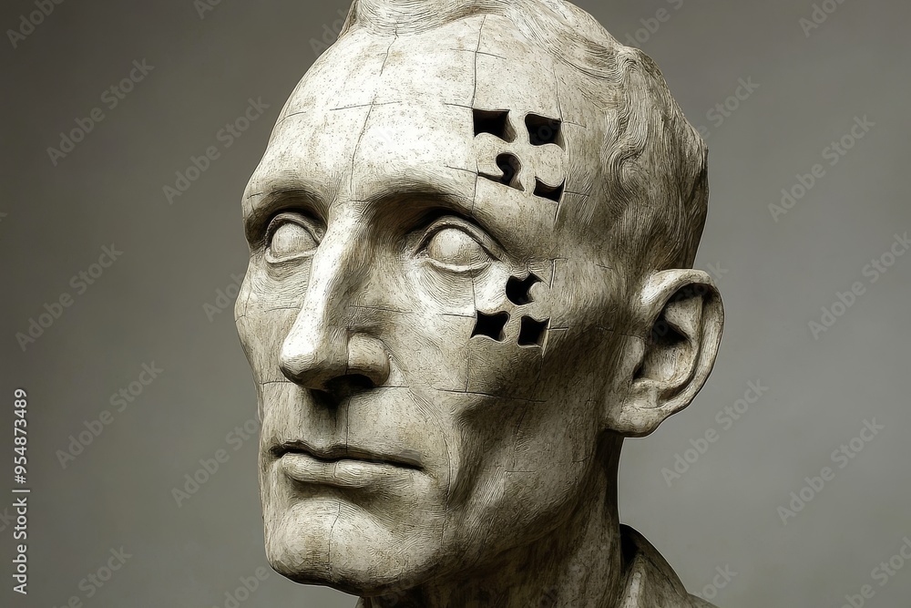 Poster neural pathways brain chemistry marble sculpture of a man with puzzle pieces representing the perman