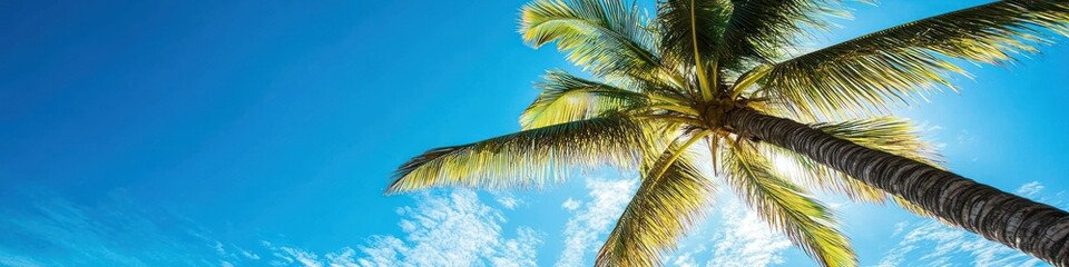 Coconut palm tree against a blue sky background, creating a serene and tropical atmosphere. Banner.