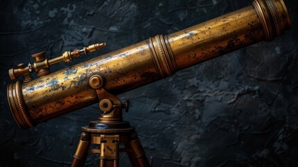 A telescope on a tripod, dark background, vintage style, hyper-realistic photography.