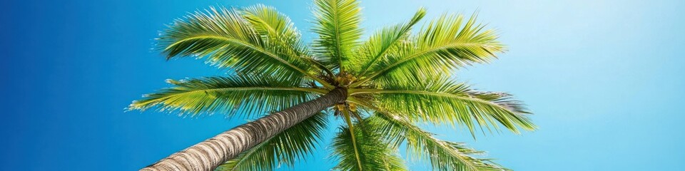 Coconut palm tree against a blue sky background, creating a serene and tropical atmosphere. Banner.