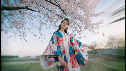 Elegant Woman in Floral Kimono Under Cherry Blossoms