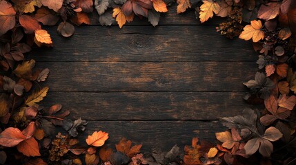 Autumn Leaves Frame on Rustic Wood Background - Thanksgiving, Fall Decor, Nature Photography
