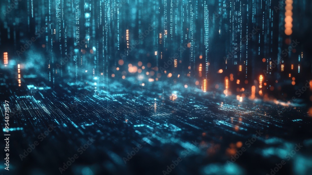Poster abstract digital code matrix background with blue and orange glowing lights.
