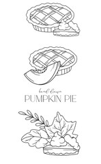 Pumpkin Pie outline isolated on white. Pumpkins line art ilustration. Fall Pumpkins Hand Drawn. Fall Coloring Page. Traditional Thanksgiving Pie