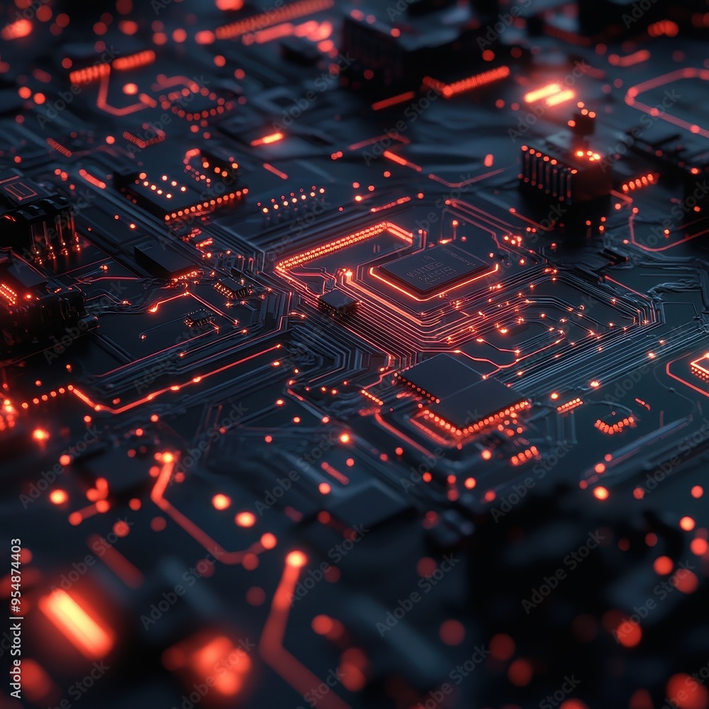 Poster abstract circuit board with red glowing lines - futuristic technology background.