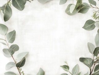 Naklejka premium Green Eucalyptus Leaves Border Frame on White Linen Background.