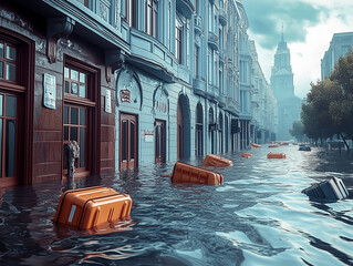 A dramatic scene of a flooded city street with a submerged yellow car. The turbulent water contrasts with the stillness of the surrounding buildings.
