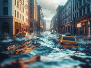 A dramatic scene of a flooded city street with a submerged yellow car. The turbulent water contrasts with the stillness of the surrounding buildings.