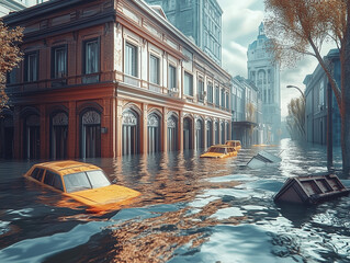 A dramatic scene of a flooded city street with a submerged yellow car. The turbulent water contrasts with the stillness of the surrounding buildings.