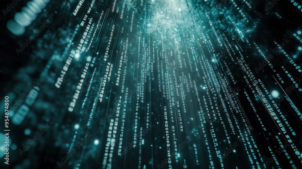Poster abstract blue binary code digital rain background - futuristic technology concept.