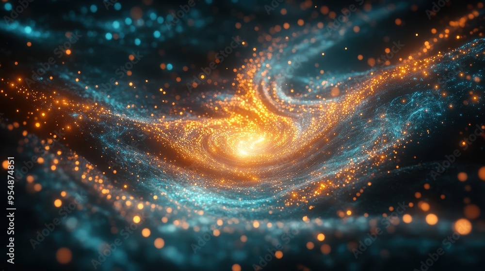 Poster abstract background with blue and orange glowing particles and bokeh lights.