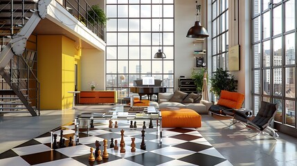 Spacious loft floortoceiling windows and a giant chess board on the floor The vibrant decor modern furniture and openplan design create a dynamic and inviting space for both living and chess playing