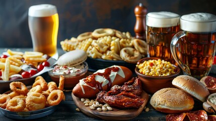 Fototapeta premium A table full of food and drinks, including a variety of sandwiches, fries