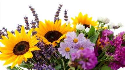 Obraz premium A close-up of a bunch of colorful wildflowers, including sunflowers and lavender, displayed against a pure white background.
